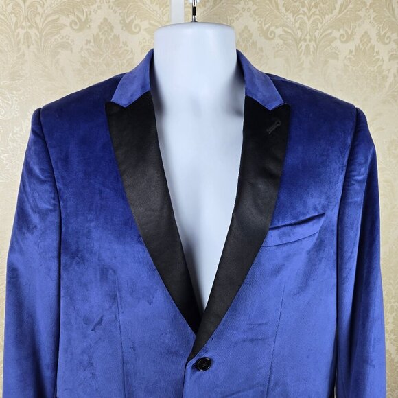 Guess Size Medium Blue Velvet Blazer 1 Button Front Black Satin Lapels 3 Pocket - Picture 2 of 15